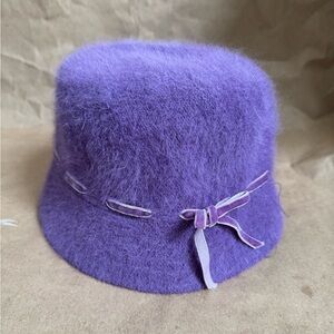 Purple Angora Wool Blend Bucket Hat with Velvet Ribbon. Size 57cm